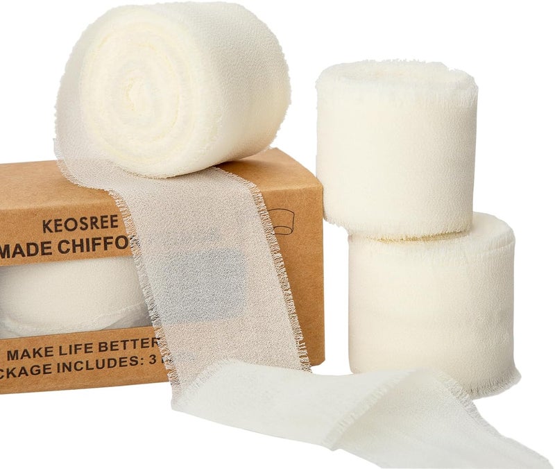 KEOSREE 3 Rolls Cream White Handmade Chiffon Ribbon,1.5" x 21Yd Frayed Fringe Silk Ribbons (3 Rolls *7Yd) for Gifts Wrapping, Wedding Invitations, Bridal Bouquets, Decorations - Image 1